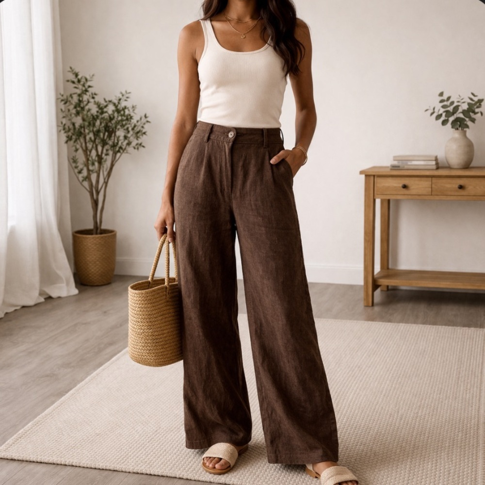 NWT Poetry Linen Wool Blend Wide Leg Pants Brown High Rise Relaxed Fit Size 27